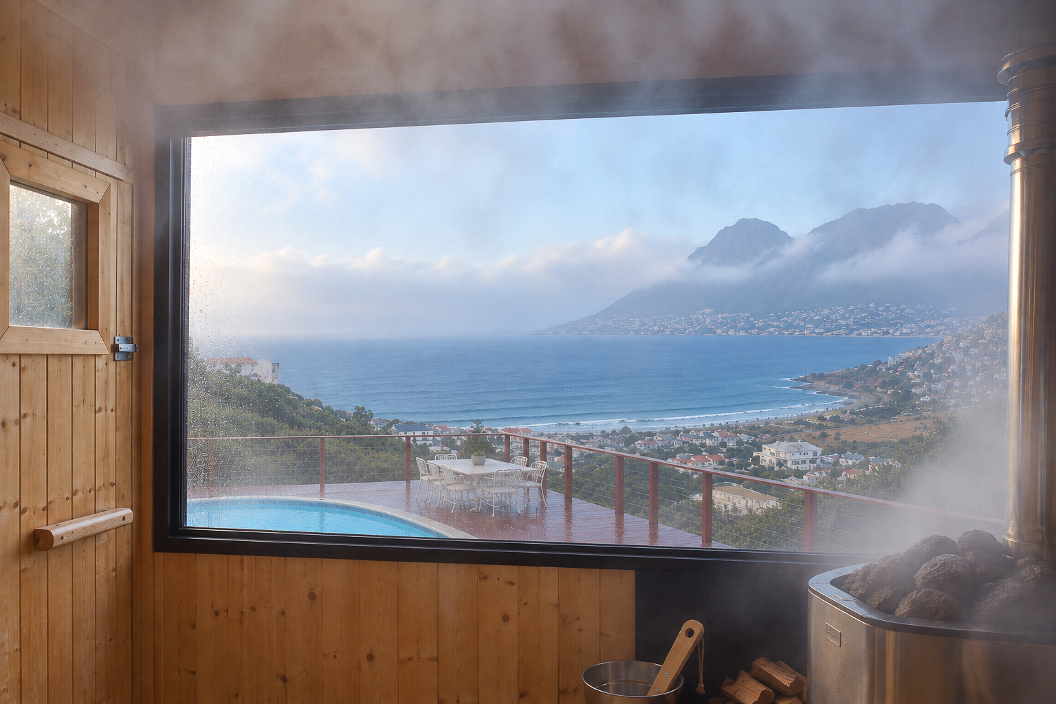 The METTAHOUSE sauna looking out between mountain and sea in Glencairn