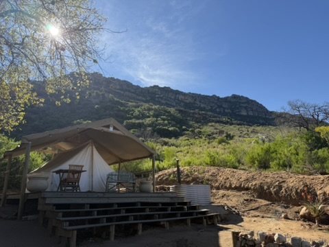 Canvas retreat tent on a wooden deck beneath the Cederberg mountains at Leopard Valley