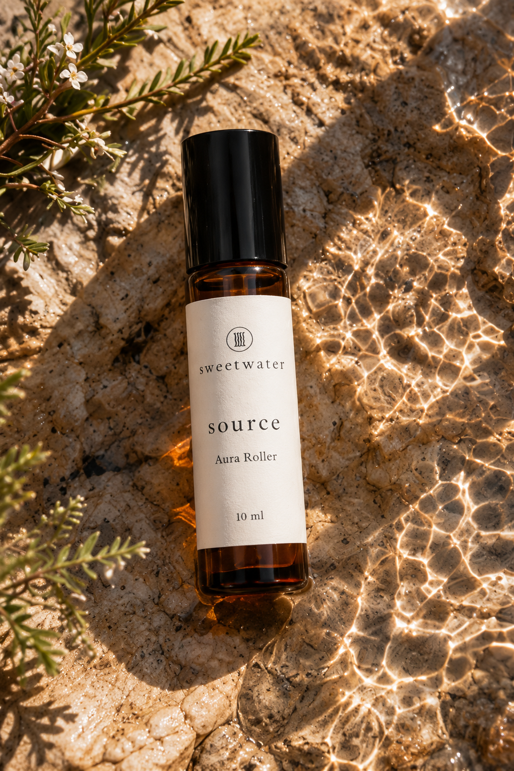 Source Aura Roller 10ml amber bottle with black cap beside stone and fynbos