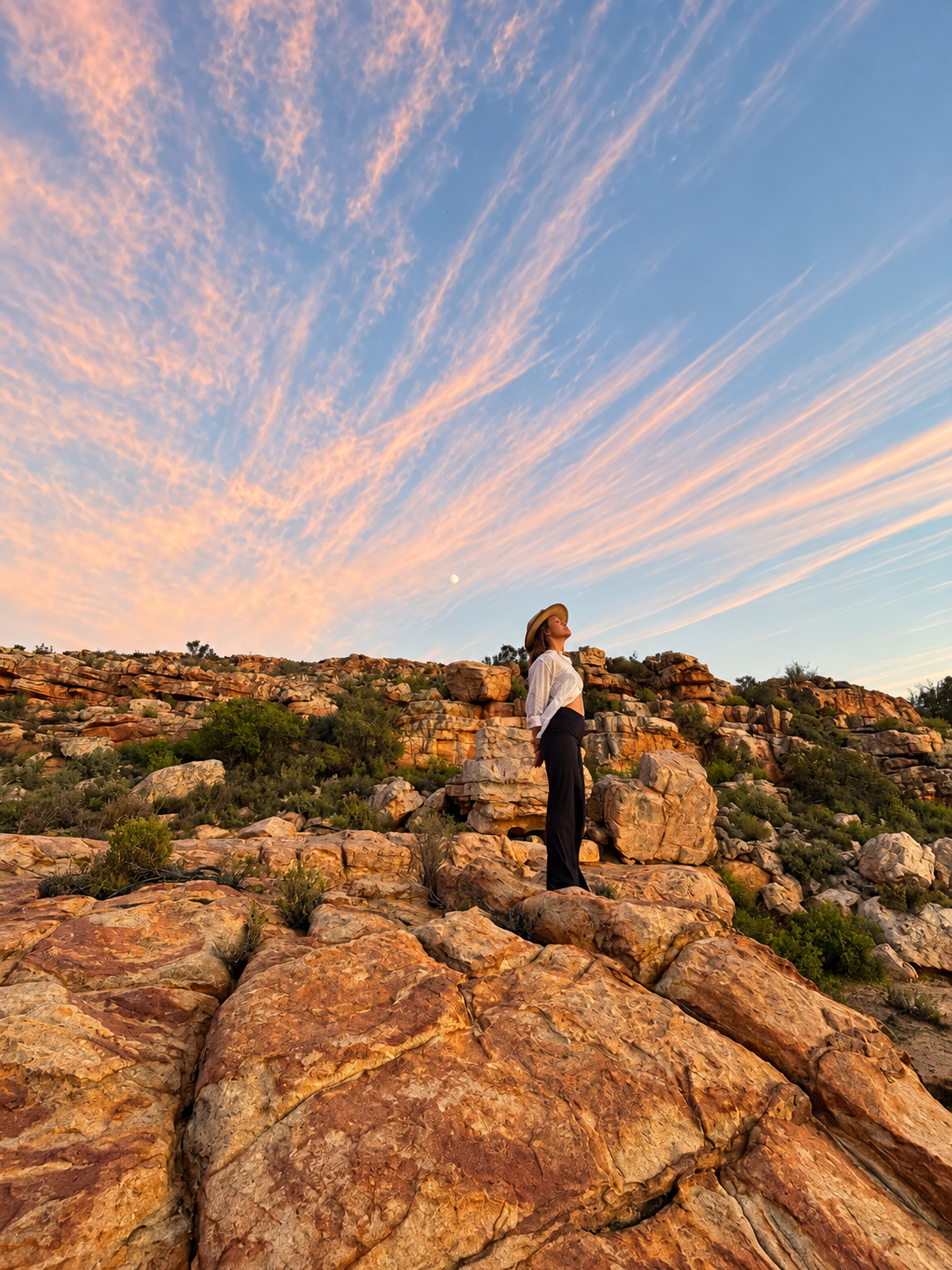 Mikaela Pace standing on warm Cederberg rock at dusk, looking up at a wide streaked sky