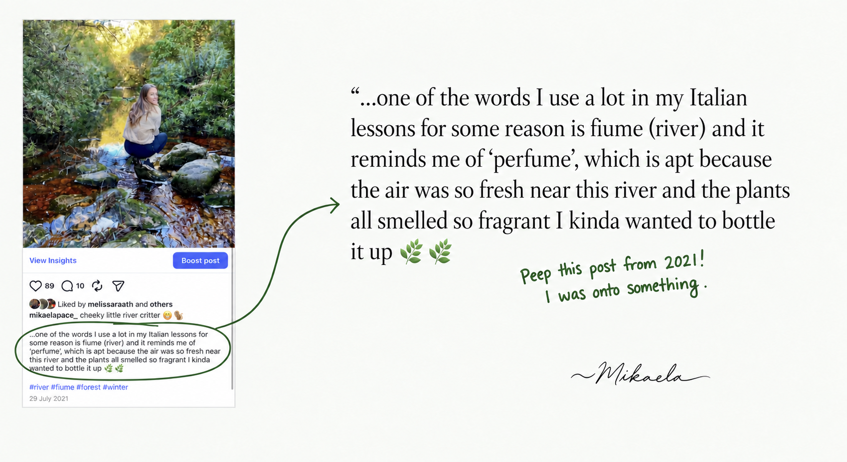 Mikaela's 2021 river post beside the words that first joined fiume and perfume, signed Mikaela
