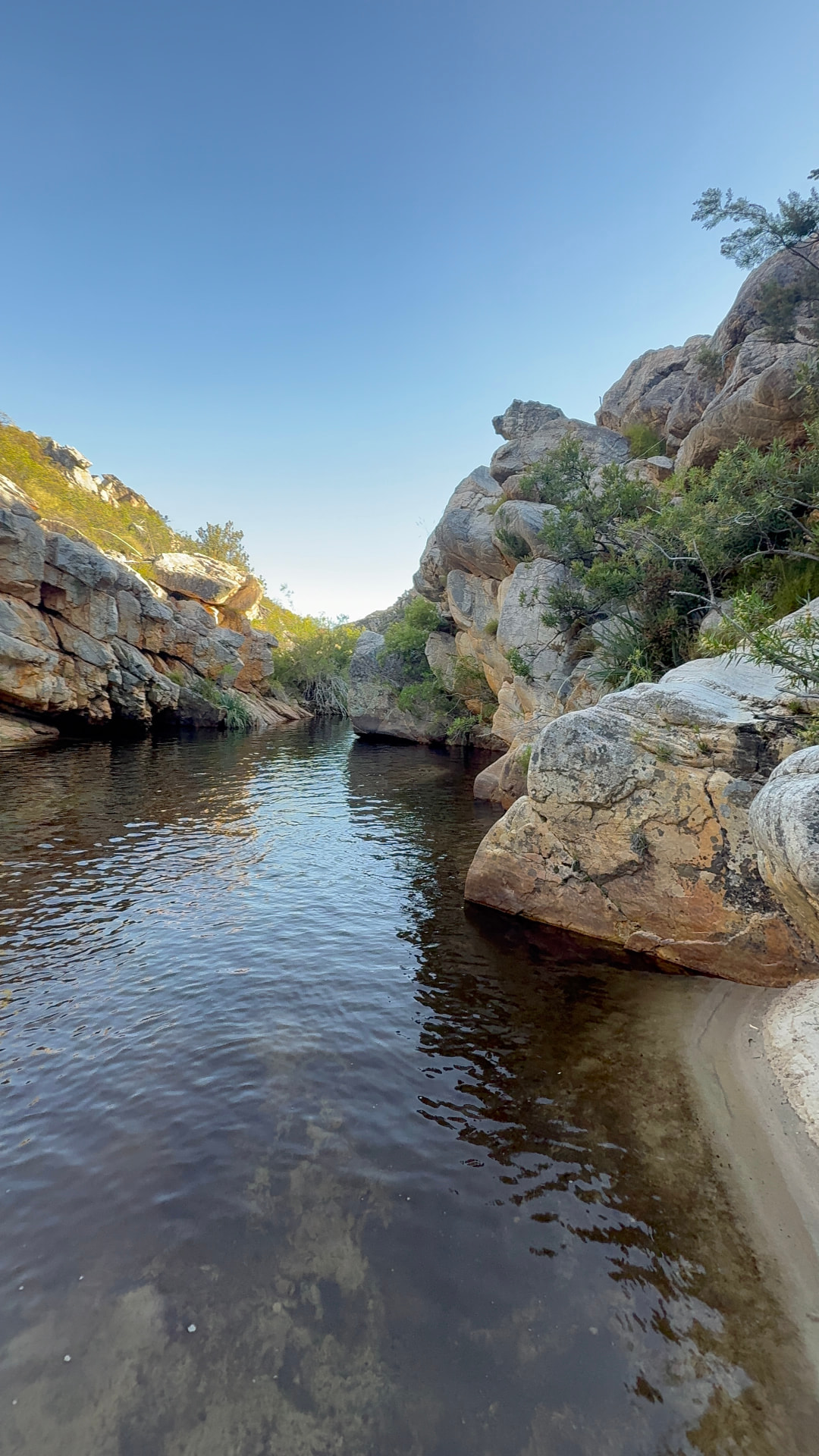 A still mountain swimming hole held between pale granite boulders
