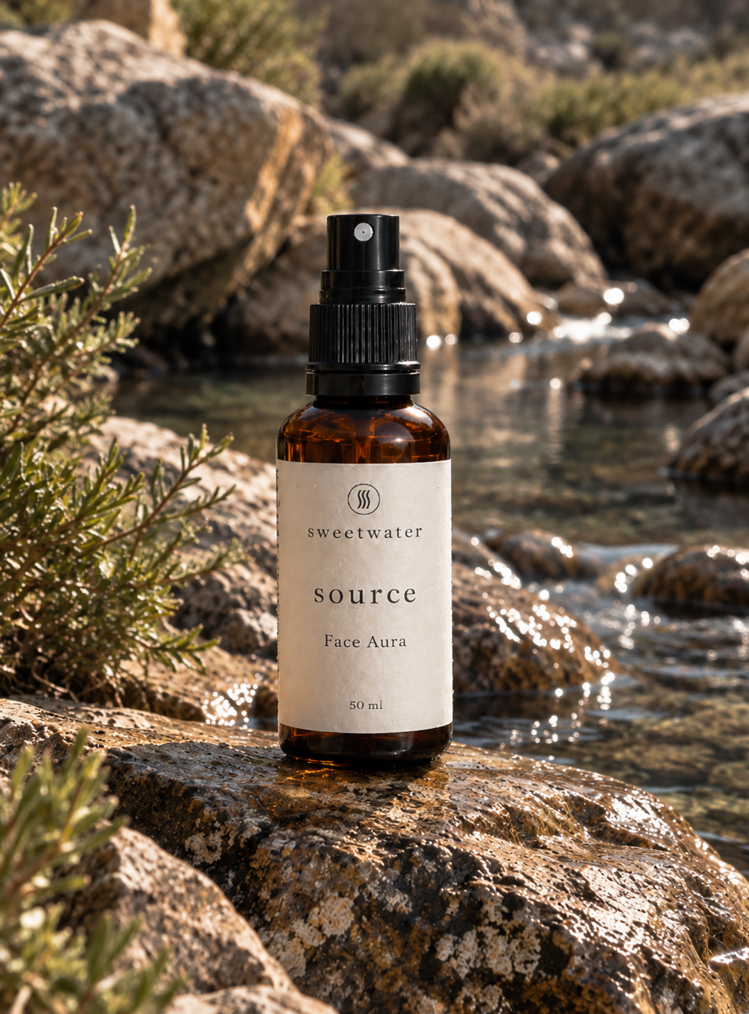 Source Face Aura 50ml amber spray bottle resting on sunlit river rocks beside clear water