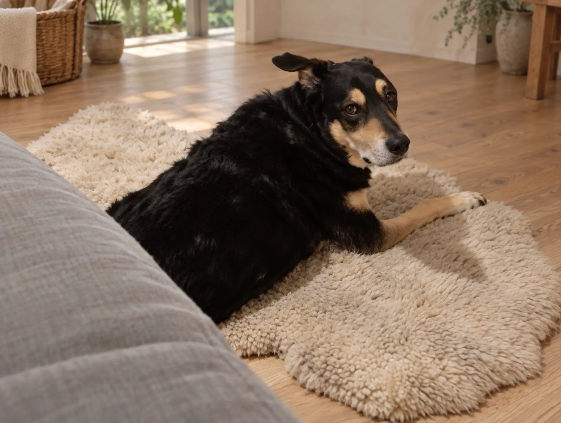 Black and tan dog resting on a cream sheepskin rug in a sunlit room